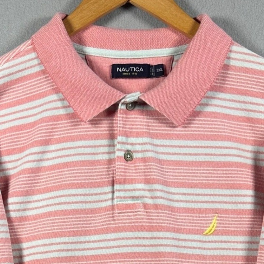 Vintage Nautica Mens 3XL Pink White Striped J-Class Yacht Emblem Polo Y2K Preppy